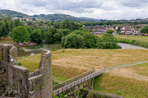 Caerphilly Castle, a partially ruined fortification, dating from the 13th Century. Caerphilly Mid-Glamorgan South Wales, United Kingdom - 25th of June 2023