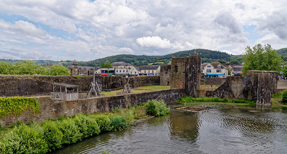 Caerphilly Castle, a partially ruined fortification, dating from the 13th Century. Caerphilly Mid-Glamorgan South Wales, United Kingdom - 25th of June 2023