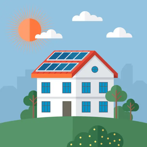 Vector illustration of Solar panel on home roof sun system. Solar panels, alternative electricity source, concept of sustainable resources