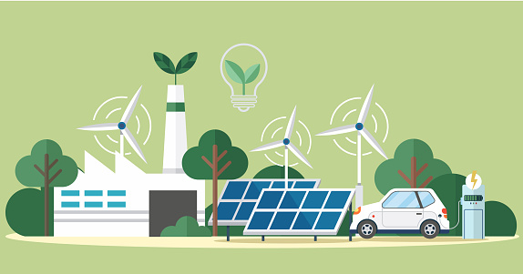 Solar panel and batteries with sun. Electric car charging on renewable smart power off-grid system. Solar panels and wind turbines or alternative sources of energy. Vector icons wind turbines