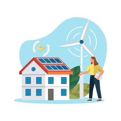 Solar panel home roof sun system. Modern eco suny panel on roof renewable electricity systems. Windmill and solar panel. Wind turbine energy. Sell house with alternative energy. Eco home. Happy woman