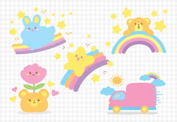 Vector illustration of cute happy sweet pastel kawaii cartoon