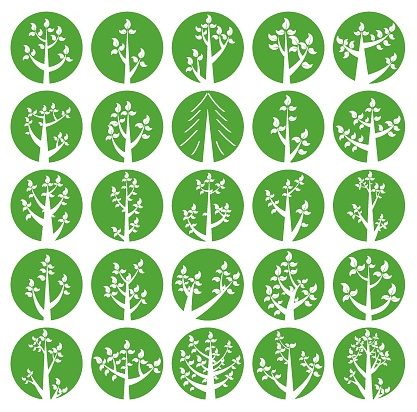 istock Collection of illustrations of trees. White trees in green circles. Wood for every taste. Abstraction of trees with leaves. 1524523900