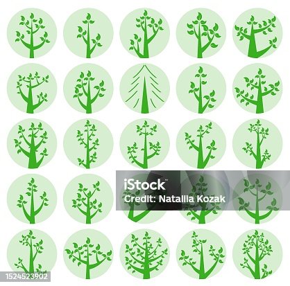 istock Collection of illustrations of trees. Green trees in light circles. Wood for every taste. Abstraction of trees with leaves. 1524523902