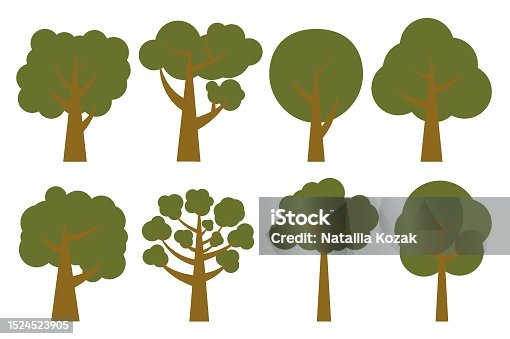 istock Green trees. Collection of illustrations of trees. Wood for every taste. Abstraction of trees. 1524523905