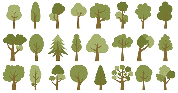 istock Trees in shades of green. Collection of illustrations of trees. Wood for every taste. Abstraction of trees. 1524530946