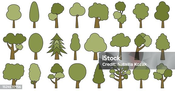 istock Trees in shades of green with dark strokes. Collection of illustrations of trees. Wood for every taste. Abstraction of trees. 1524530956
