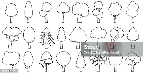 istock Trees drawn with a thin line. Collection of illustrations of trees. Wood for every taste. Abstraction of trees. 1524530961
