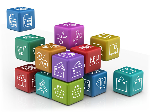 3d render. Shopping symbols on cubes isolated on white background.