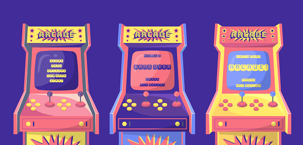 Cartoon Color Retro Arcade Game Machine Interface Screen Set Gaming Concept Flat Design Style. Vector illustration