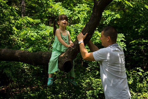 The father and daughter are playing on the tree. The little girl is sitting on the tree and pretending that the branch is a horse. The father is rocking the tree, so the girl can enjoy riding it.