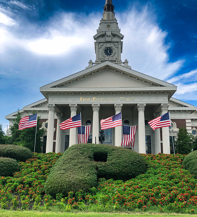 American Flags surround the First Pentecostal Church Of North Little Rock, Arkansas.