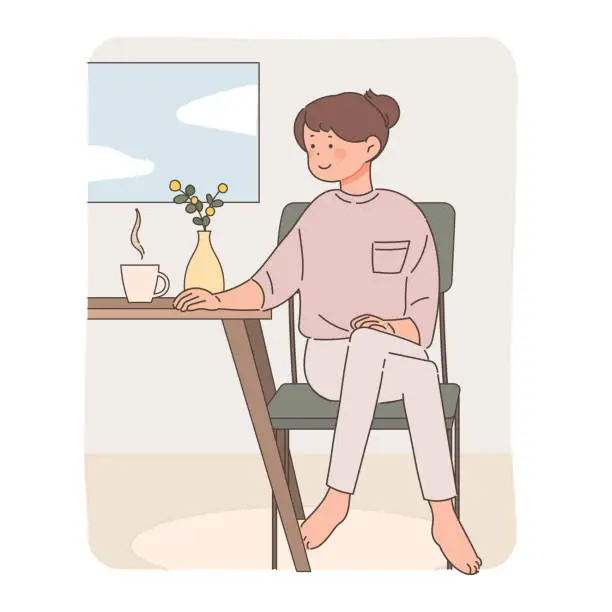 Vector illustration of Woman drinking coffee looking out the window.