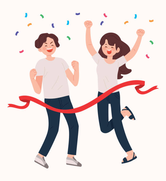 Men and women crossing the finish line. Winning concept illustration. finish line stock illustrations