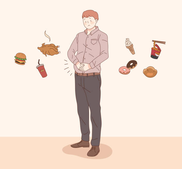 obese man. Foods that make you gain weight. brat burger stock illustrations