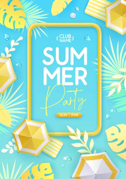 Vector illustration of Top view summer disco party tropical poster with tropic leaves and beach umbrella. Summertime background. Vector illustration