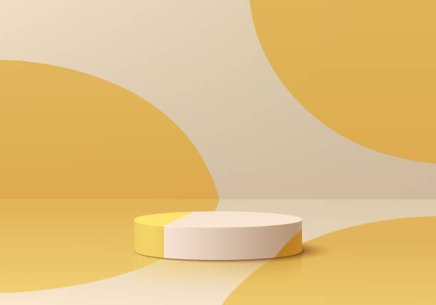 istock 3D white cylinder pedestal podium background with free form yellow on white color wall scene. Minimal mockup product display, Stage for showcase, Banner promotion. Abstract vector geometric platforms. 1524633124