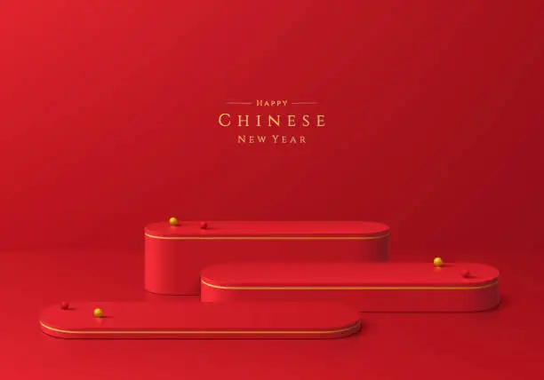 Vector illustration of 3D red and golden level pedestal podium background set. Chinese new year theme. Wall minimal scene mockup product stage showcase, Cosmetic banner promotion display. Abstract geometric platforms design