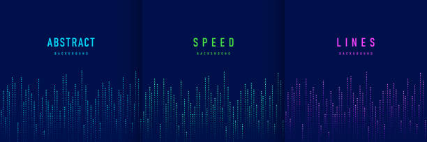 Set of abstract technology vertical speed dots lighting green, blue and pink on dark blue background. Futuristic glowing neon lights. Design for banner, cover, web, flyer, card, poster. Vector EPS10. vector art illustration
