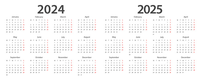 ปฏิทิน 2024 ปฏิทิน 2025 สัปดาห์เริ่มต้นวันจันทร์เทมเพลตการวางแผนการ