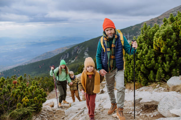 Happy family hiking together in autumn mountains. Portrait of happy family with trekkiing poles hiking together in an autumn mountains. Hiking with young kids. high tatras stock pictures, royalty-free photos & images