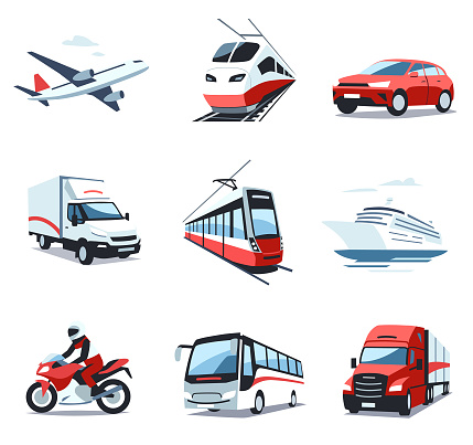 Transport and travel- vehicles vector icon set: airplane, car, train, bus, tramway, cruise ship, small van, motorcycle, truck.