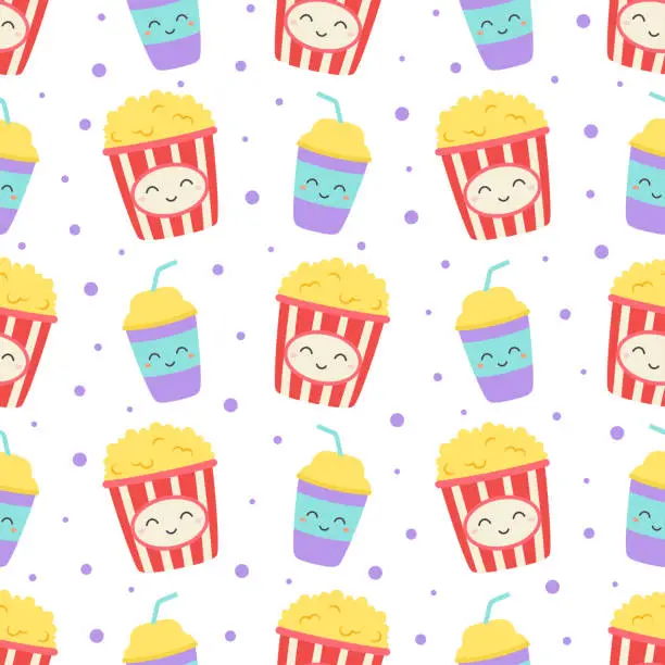 Vector illustration of seamless pattern with popcorn and cup drink