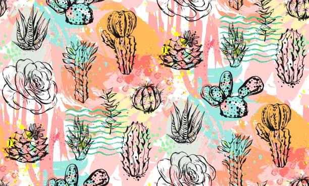ilustraciones, imágenes clip art, dibujos animados e iconos de stock de mano dibujado vector resumen gráfico creativo suculentas, cactus y plantas de patrones sin fisuras en colorido pincel artístico pintan a fondo. diseño de moda hipster inusual único. arte gráfico hecho a mano - abstract backgrounds botany cactus