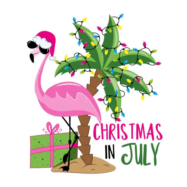 Vector illustration of Christmas in July - Flamingo in Santa's hat. Palm tree decorated with Christmas lights garland,  isolated on white background