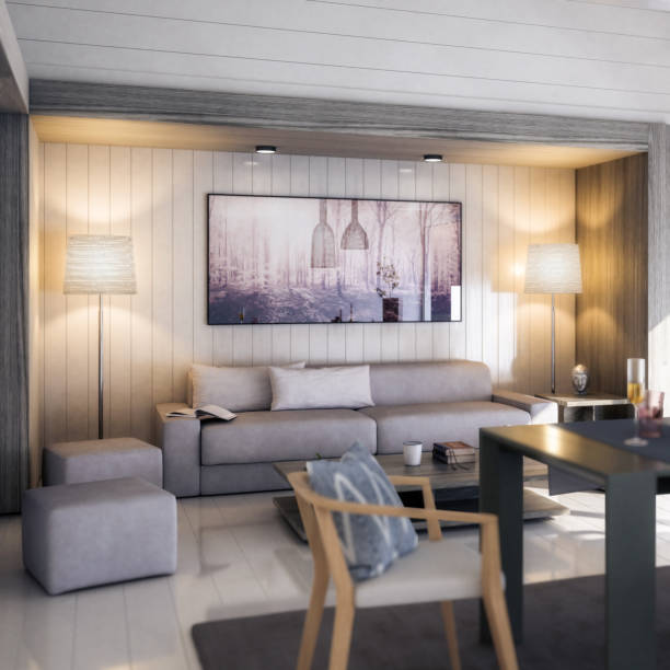 Modern Furnishings Inside an Attic Designed in White Wood - 3D Visualization