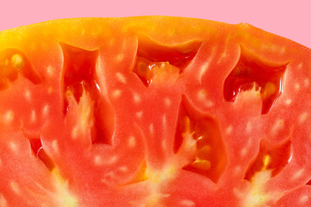 istock Fresh tomato half cut macro close-up texture detail 1524825413