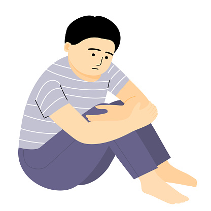 Isolated of a worry boy sitting on the floor with hands on knee. Flat vector illustration.
