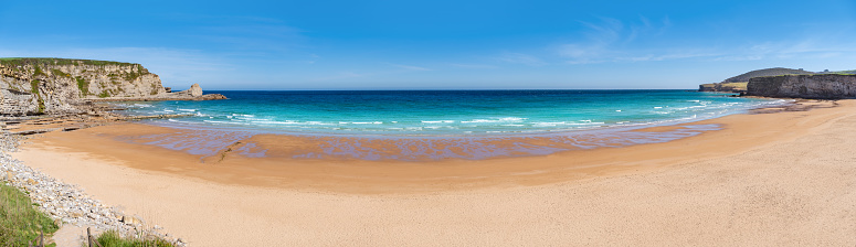 Wide horizontal design of tropical background split by sea water and beach