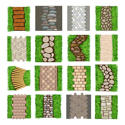Walkway Landscape with Winding Stone Path, Paving Flagstone and Wooden Footpath Big Vector Set. Garden and Street Pathway for Walking on Them Above View Concept