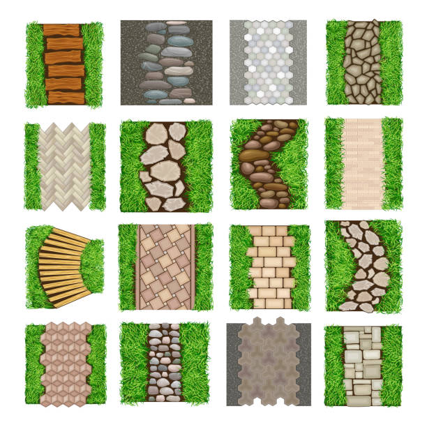 Walkway Landscape with Winding Stone Path, Paving Flagstone and Wooden Footpath Big Vector Set Walkway Landscape with Winding Stone Path, Paving Flagstone and Wooden Footpath Big Vector Set. Garden and Street Pathway for Walking on Them Above View Concept garden pathway stock illustrations