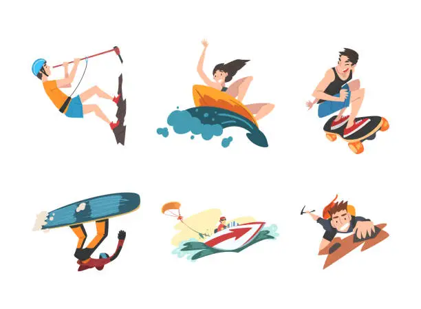Vector illustration of Young Man and Woman Character Enjoying Extreme Sport Activity Vector Set