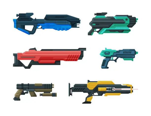 Vector illustration of Futuristic Weapons, Blaster and Gun with Laser Vector Set