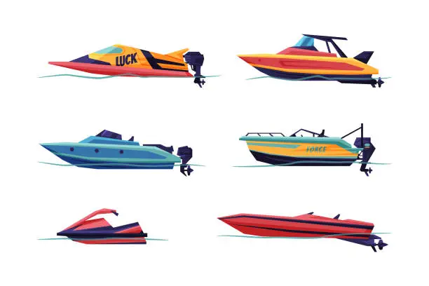 Vector illustration of Motorboat or Speedboat as Watercraft or Swimming Water Vessel Vector Set