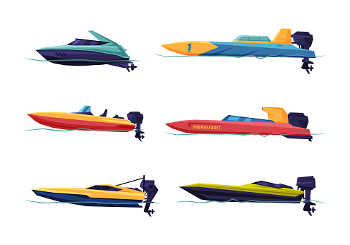 Motorboat or Speedboat as Watercraft or Swimming Water Vessel Vector Set. Sailing Marine Transport for Seafaring and Maritime Industry Concept