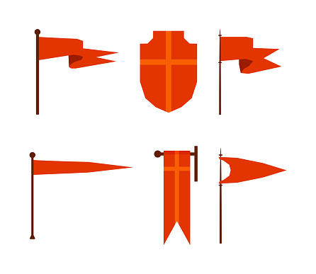Red Royal Flag on Pole and Pennant as Medieval Monarchy Symbol and Castle Tower Element Vector Set. Kingdom Canvas from Middle Ages