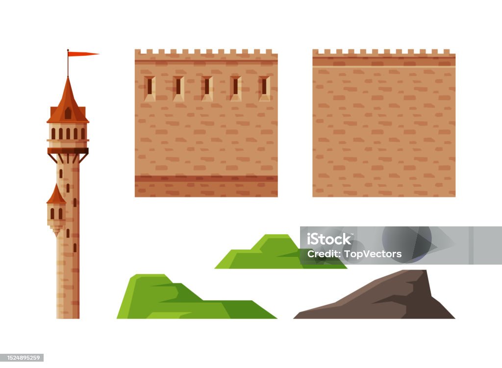 Castle Elements Medieval Castle Elements With Wall And Tower With Flag Vector Set Stock ...