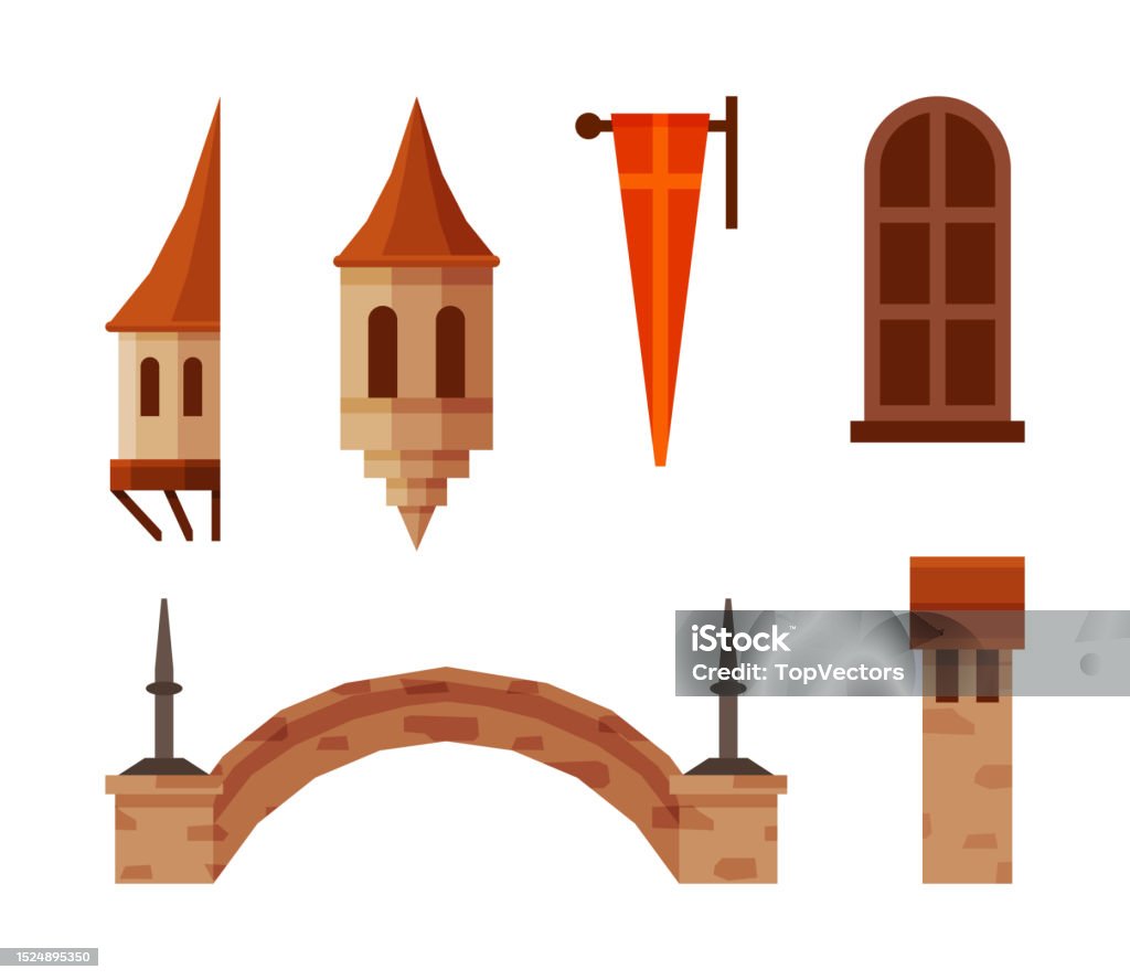 Castle Elements Medieval Castle Elements With Pennant Window Tower And Bridge Vector ...