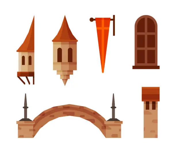 Vector illustration of Medieval Castle Elements with Pennant, Window, Tower and Bridge Vector Set