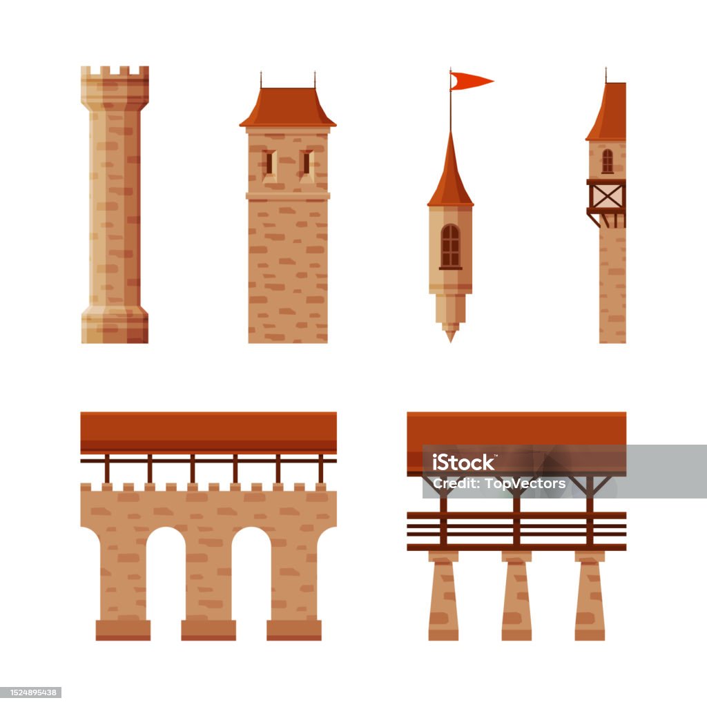 Castle Elements Medieval Castle Elements With Wall Bridge And Tower With Flag Vector ...