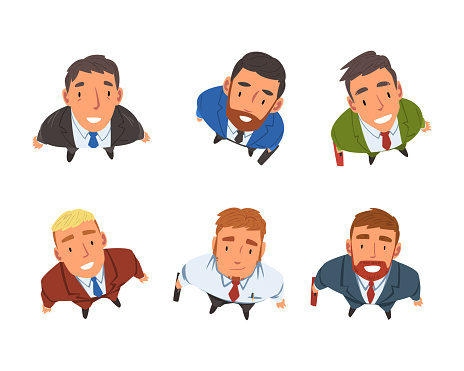 Smiling Business Man Character Looking Up Above View Vector Set. Standing with High Raised Head Male