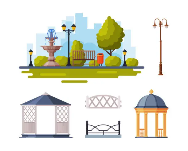 Vector illustration of City Park Elements with Fence, Lamp, Pavilion and Bench Vector Set