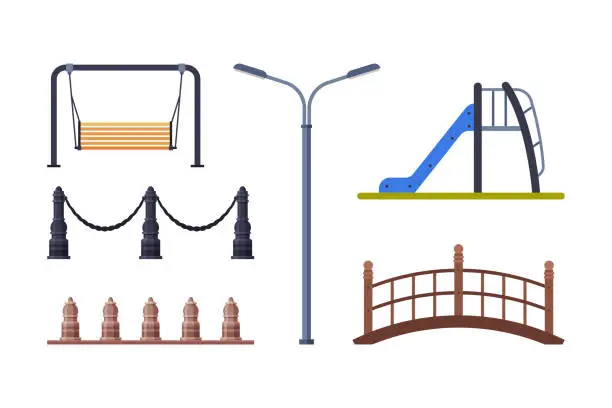 Vector illustration of City Park Elements with Swing, Lamp, Slide, Bridge and Barrier Vector Set