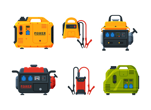 Power and Energy Generators as Portable Electrical Equipment Vector Set. Industrial and Home Device Concept