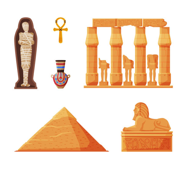 Ancient Egypt symbols set. Egyptian traditional cultural and historical objects. Pyramid of Cheops, Great Sphinx monument cartoon vector illustration Ancient Egypt symbols set. Egyptian traditional cultural and historical objects. Pyramid of Cheops, Great Sphinx monument cartoon vector illustration isolated on white southern cross stock illustrations