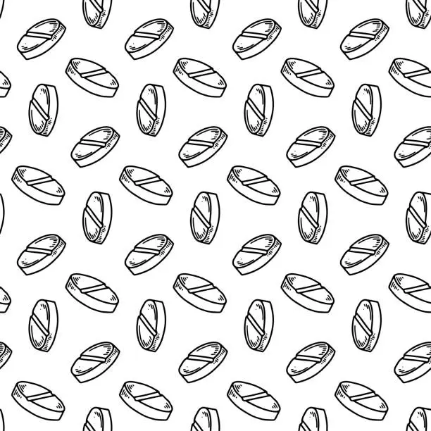 Vector illustration of Pills seamless pattern. Hand drawn vector background in doodle sketch style. Pharmacy medical design